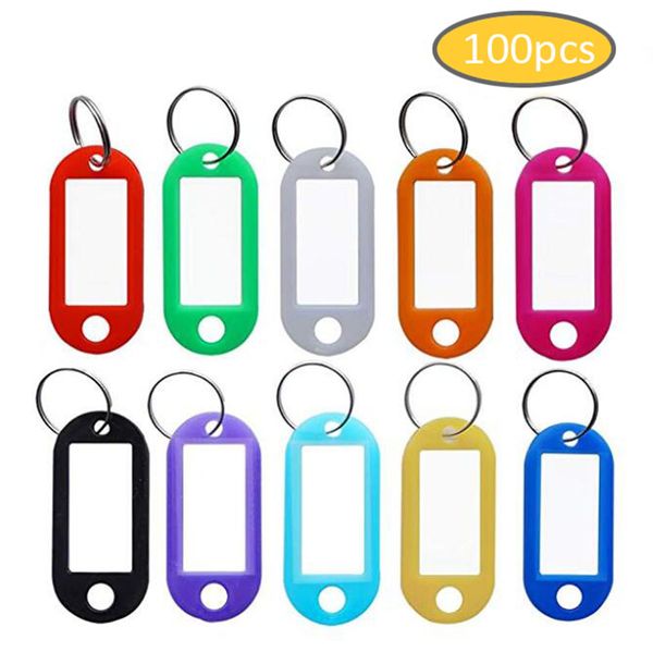 100 pcs/lot porte-clés en plastique résistant étiquettes d'identification étiquettes de nom avec anneau fendu pour numéro de bagage porte-clés prévenir les étiquettes perdues 10 couleurs