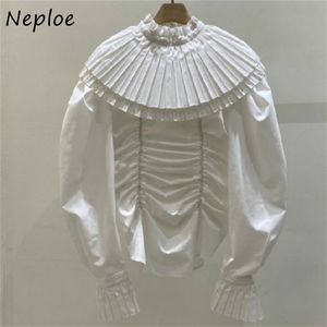 Mode geplooide turn-down kraag ontwerp vrouwen blouse herfst effen kleur chic shirts elegante flare mouw blusas 210422
