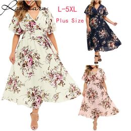 Mode plus size 3xl 4xl 5xl dames kleden bloemen chiffon bloemenjurk bohemian strand zomerjurken stedelijke zigeuner ropa vestidos 240420