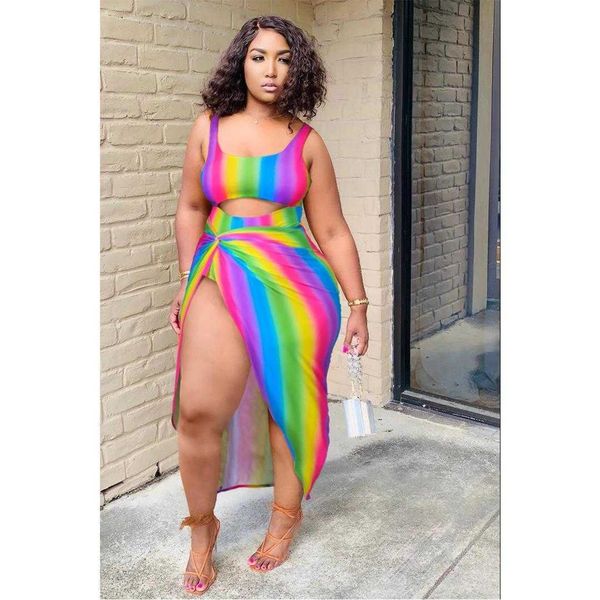 Traje de baño para mujer de talla grande a la moda, traje de baño Sexy con rayas de arco iris, traje de baño hueco
