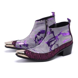 Mode pointu hommes en cuir véritable Rome Style violet homme bottines fermeture éclair en cuir véritable hommes chaussures habillées