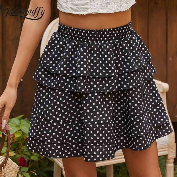 Mode Polka Dot Layered Hem Jupes Femmes Été Noir Casual Taille Haute Femme Mignonne Robe de Bal Mini Jupe 210510