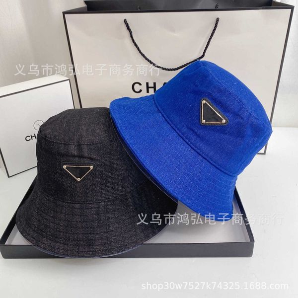 Moda Pradd Cool Fisherman Hat 2022 Original de alta calidad y versión correcta Familia P Triángulo invertido Denim Sombrilla Protector solar Sombrero de pescador