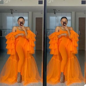 Ropa de dormir de moda para embarazadas, vestido naranja para mujer, fotografía Sexy, batas con hombros descubiertos, vestido con volantes escalonados, albornoz, camisón para dormir