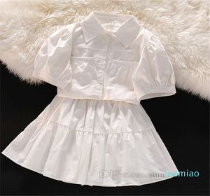 Mode-prepy stijl Kinderkleding Sets meisjes revers met één borsten pauze mouw shirt rok 2pcs zomer grote kinderen witte prinses outfits