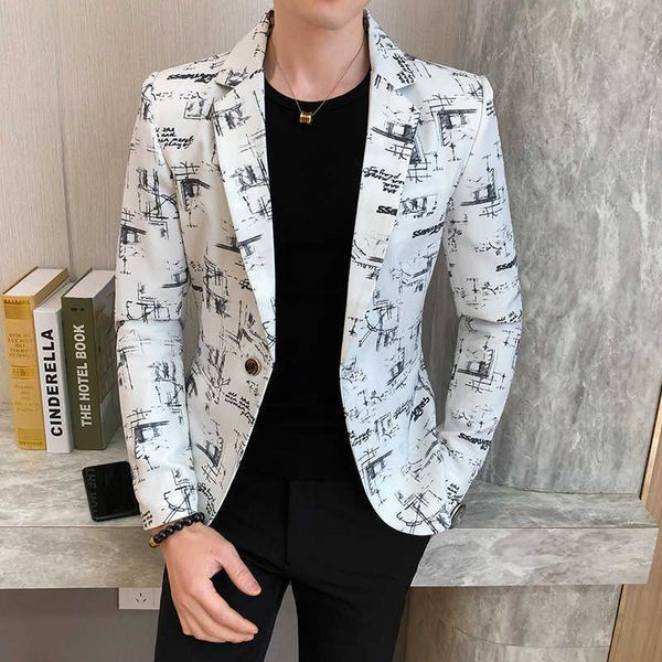 Mode Imprimer Blazer Masculino Bouton unique à manches longues Hommes Blazers Slim Fit Mens Costumes Veste Casual Streetwear Hommes Vêtements 210527