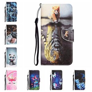 Mode print lederen portemonnee kisten voor Samsung S22 Ultra Plus S21 S20 A53 A73 A33 5G A23 A13 A32 A22 Flower Butterfly Cat Tiger Card Slot Holder Flip Cover Telefoonzak