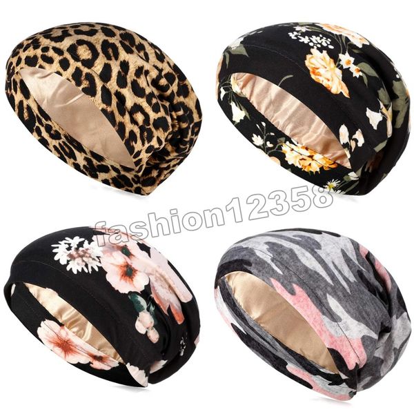 Bonnet de nuit doublé en satin imprimé à la mode, double couche en soie, hijab, bonnet ample, chapeau à claquette pour femmes, accessoires pour cheveux bouclés