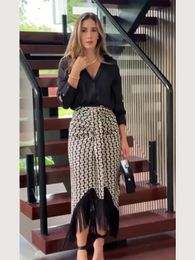 Mode Print Gesplitste Midi Rok Set Voor Vrouwen Elegante Revers Kraag Lange Mouwen Shirt Pak Lente Kantoor Dame Hoge streetwear 240312