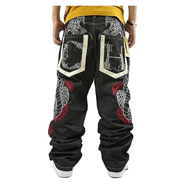 Pantalones vaqueros estampados de moda sueltos Hip Hop Homme Python bordado Hip-hop Denim Harem pantalones monos hombres rectos 211111