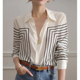 Mode Gedrukt Revers Knop Los Gestreept Shirt Dameskleding Herfst Casual Tops Allmatch Office Lady Blouse 240322