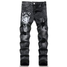 Mode imprimé lettre hommes jean déchiré Patch Denim pantalon hommes brodé jean maigre mâle décontracté Streetwear pantalon 299I