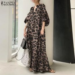 Mode bedrukte maxi jurk dames luipaard zonsondergang zanzea veer puff mouw longvestidos vrouwelijke v nek robe oversized 240421