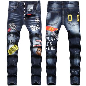 Mode Impression Jeans Hommes Slim Fit Lavé Motocycle Denim Pantalon Panneaux Hip HOP Pantalon