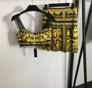 Estampados de moda Vestido de dos piezas para mujer Vintage Estampado floral de encaje Halter Top Diseño de cremallera Falda corta plisada de talle alto Ropa de mujer sexy de verano 55