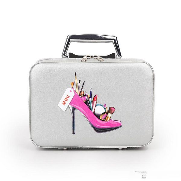 Sac de maquillage professionnel à la mode avec motif à talons hauts Portable Cartoon Make up Case Leather Beauty Case Trunk Hand Held Coametic Bag