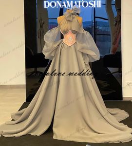 Mode robe de bal 2021 en mousseline de soie licou cou avec nœud manches longues Vestidos De La Celebridad robe de soirée￩e soirée robes de soirée