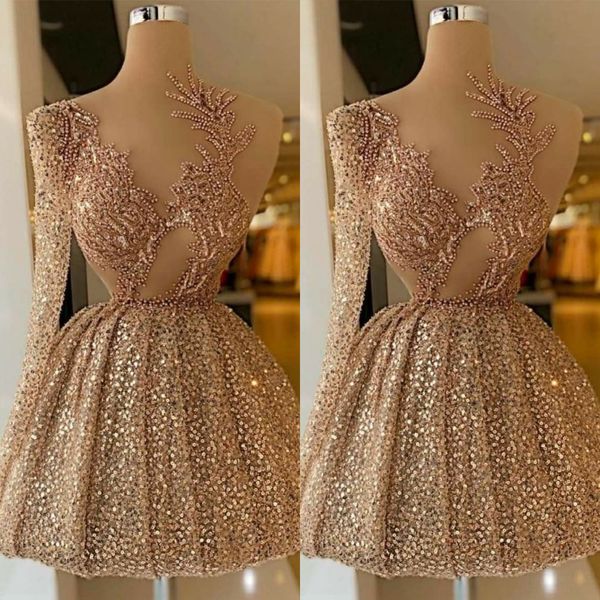 Robe de bal à la mode pour femmes, col transparent, asymétrique épaule dénudée, perles et paillettes, Mini robe pour soirée, sur mesure