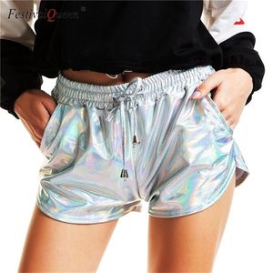 Mode PU Clignotant Couleurs Métalliques Hot Shorts Femmes Sexy Cordon Élastique Pantalon Court Extensible D'été Short De Course Culotte T200701