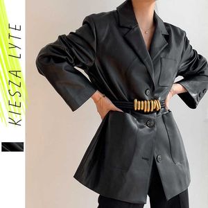 Mode PU Cuir Noir Vestes Femmes Casual Lâche Costume à manches longues Blazers Vêtements d'extérieur Streetwear Femme Manteaux 210608