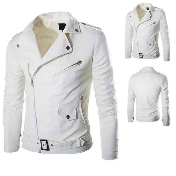 Moda PU Chaqueta de cuero Hombres Hebilla Zip Solapa Collar Británico Negro Blanco Punk Rock Outwear Abrigos 2023 231227