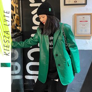 Mode PU Veste en cuir Femmes Style coréen Dames Casual Vert Noir Blazer Design Vêtements Streetwear 210608