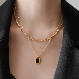 Mode Punk 316L Titane Acier Designer Collier Femme Noir Carré Pendentif 18k Plaqué Or Double Cubain Lien Chaîne Ras Du Cou Femmes Collier Hip Hop Bijoux Cadeau