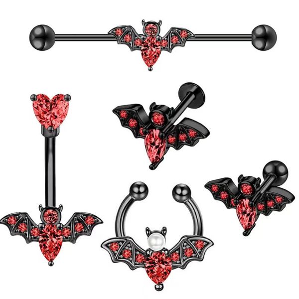 Mode punk 5 pièces en acier inoxydable chauve-souris longue pôle lèvre clou anneau de nez nombril clou d'oreille piercing bijoux