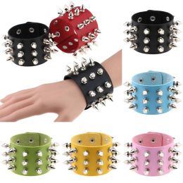 Pulsera de cuero con remaches de cono de metal de tres filas góticas punk de moda Brazalete ancho Pulseras 13 colores