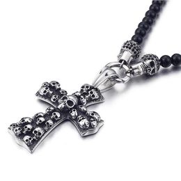 Mode Punk Rock Noir Verre Perle Crâne Pendentif Collier Pour Hommes Femmes En Acier Inoxydable Croix Colliers Pendentifs 50 CM De Long Jewel189A