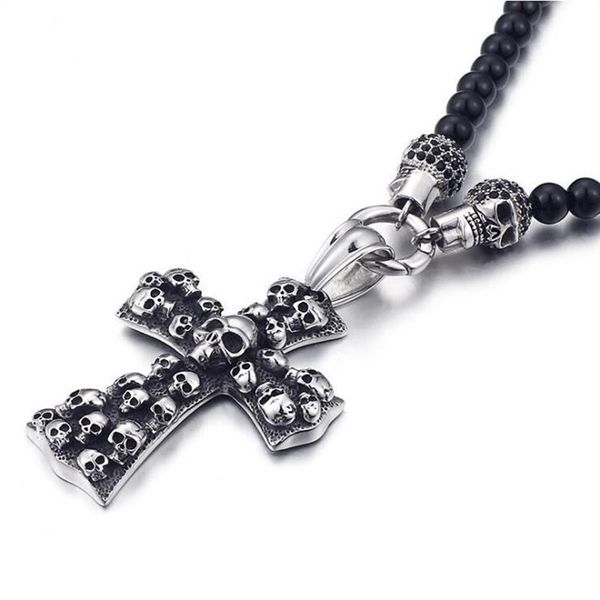 Moda Punk Rock Collar con colgante de calavera con cuentas de cristal negro para hombres y mujeres Collares cruzados de acero inoxidable Colgantes 50 CM de largo Jewel266g