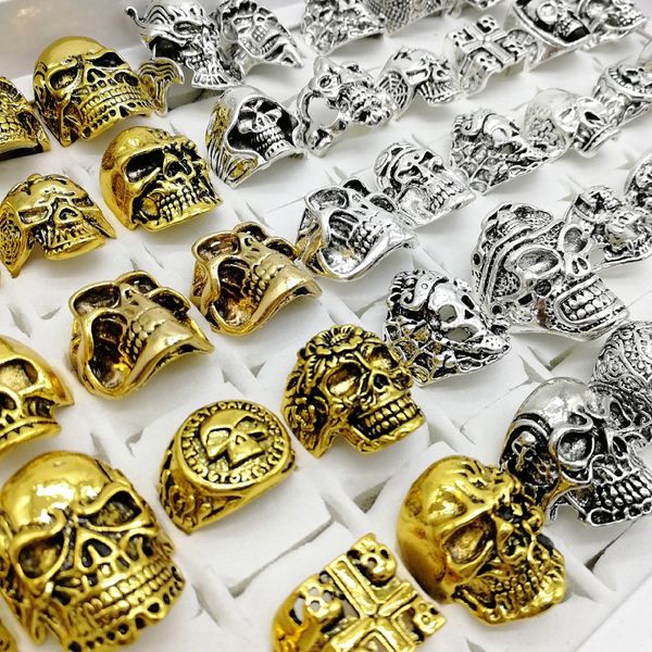 Moda estilo Punk 30 unids/lote anillos de calavera banda esqueleto dorado plateado tallas grandes hombres mujeres Metal regalo de fiesta, joyería