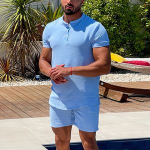 Mode pure kleur katoenen linnen outfits voor mannen zomer korte mouw knop kraag tops en shorts heren tweedelig sets 240415