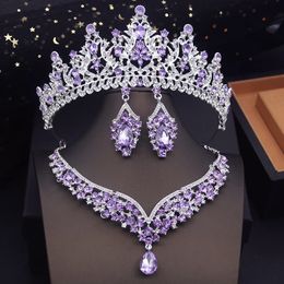 Conjuntos de joyería nupcial de colores púrpuras de moda con tiaras princesa boda corona collar pendientes conjunto accesorios de disfraz de novia 240115