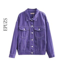 Mode paarse denim jas vrouwen lange mouw jeans streetwear hiphop jassen en s herfst Koreaanse overjas 210521