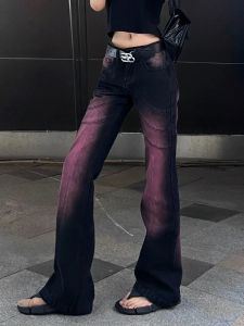 Mode paarse gradiënt tie-dye micro uitlopende jeans y2k streetwear vintage wassing losse casual jeans met hoge taille en rechte pijpen