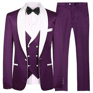 Mode Paars Bruidegom Tuxedos Wit Sjaal Revers Groomsman Bruiloft Tuxedos Heren Prom Jas Blazer 3 Stuk Suit (Jas + Broek + Tie + Vest) 33