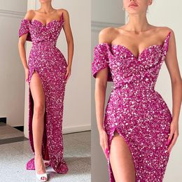 Mode violet paillettes robes de bal hors épaule robes de soirée plis fente formelle tapis rouge longue occasion spéciale robe de soirée