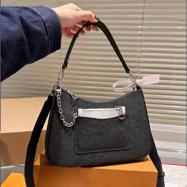 10A Top Tier Quality Luxurys Designers Marelle Bag Womens Real Leather Handbag Crossbody Shoulder Black Bag Strap Silver Chain Water Ripple Zipper Purse Wallet