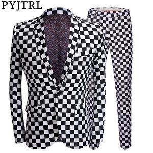 Fashion Pyjtrl Suit Men Black Wit Plaid Print 2 stuks Set nieuwste jas pant ontwerpen trouwstadium zanger Slim Fit kostuum 201105 01105