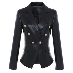 Mode-kwaliteit leeuw hoofd metalen knop dubbel-breasted lederen pak blazer jas voor lente en herfst vrouwen zwarte korte jassen J1