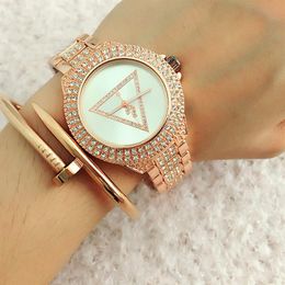 Relojes de marca de cuarzo de moda para mujer, reloj de pulsera con banda de metal de acero y esfera de estilo triangular de cristal para mujer, GS6831-1222f