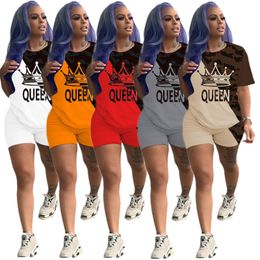 Fashion Queen Letter Women Tracksuit Short Sleeve O-Neck T-Shirt Tops and Shorts Short Pants 2-Piece Suit Summer Outfits Casual Sportswear