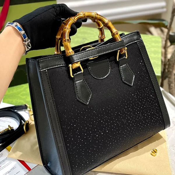 Bolso de mano con asa de bambú, bolsos de compras de gran capacidad, bolso de diseñador con diamantes de imitación, bolso de hombro de cuero genuino de vaca, bolsa CYG24022037-25