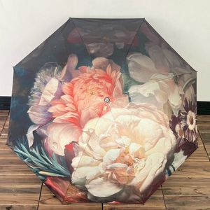 Mode regenwind winddichte paraplu buiten regenachtige paraplu's luxe ontwerper Chinese pioenroeven bloemen vrouwen zon-proof drievoudige paraplu