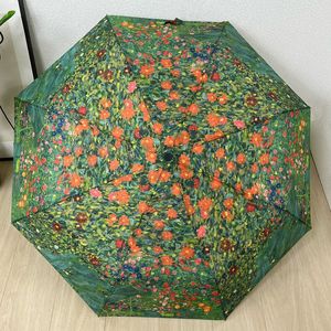 Mode Rain Gear Wndproof Vert Parapluie En Plein Air Pluie Parapluies De Luxe Designer Huile Impression Fleurs Femmes Entièrement Automatique Trois-pliage Léopard Imprimer Parapluie