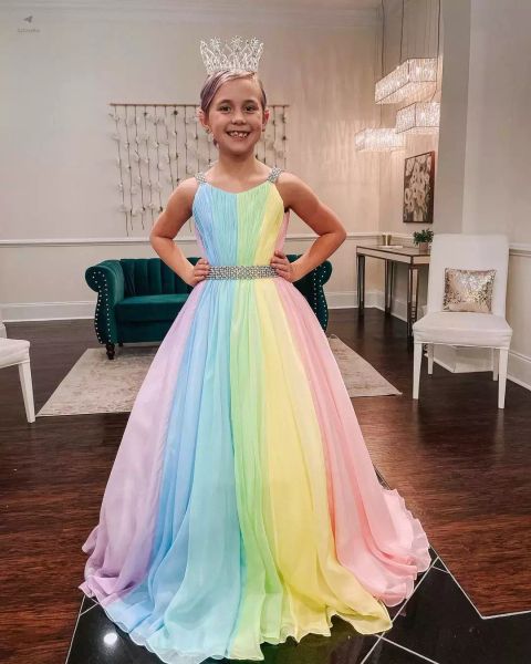 Mode rainbow mousseline de mousseline de mousseline de mousseline de mousseline de mousseline de mousseline de mousseline 2022 bretelles-cols filles goîtes de bal de bal glipper V back sans manches a-ligne long enfants formel fête anniversaire princesse usure