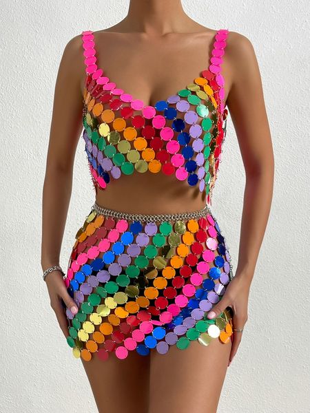 Vestido de lentejuelas de arcoíris a la moda, Tops cortos sin espalda con cuentas coloridas y minifalda con abertura lateral, traje de fiesta, Club y Festival