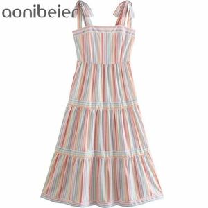 Moda arco iris rayado vestido con gradas verano sin mangas corbata hombro fruncido espalda mujeres casual cintura alta midi 210604