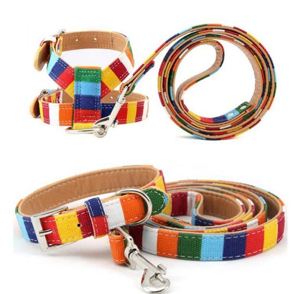 Moda Rainbow Stripes Collares para perros Correas Arneses Set Ajustable Duradero Colorfast Adecuado para perros pequeños, medianos y grandes Tamaño extra S 8 
